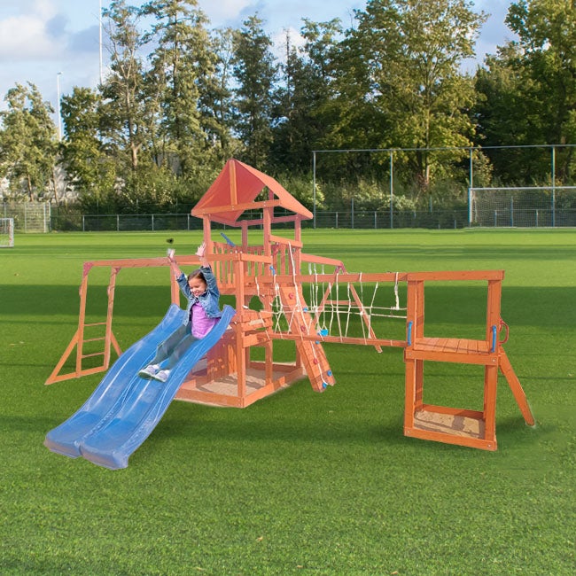 DP BRIDGEPORT SWING SET WITH CLIMBING WALL WOODEN GYMSET