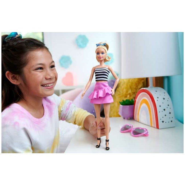BARBIE FASHIONISTAS BLONDE WITH STRIPE TOP & PINK SKIRT DOLL