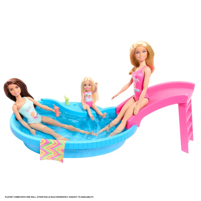 BARBIE DOLL  AND POOL PLAYSET WITH PINK SLIDE