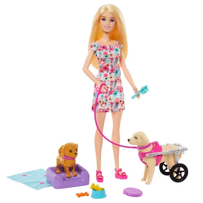 BARBIE DOLL WITH A TOY DOG PUP WALK AND WHEEL PET PLAYSET