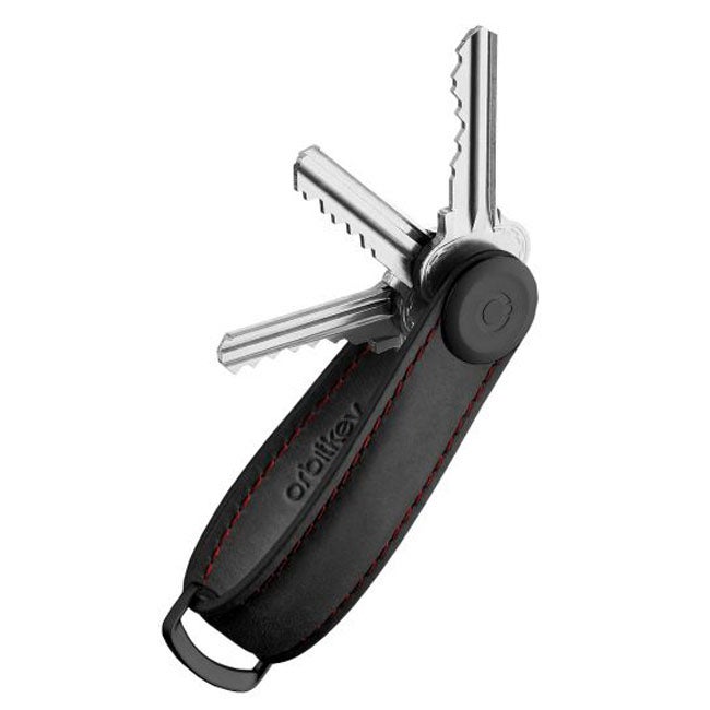 ORBITKEY ORGANISER CRAZY-HORSE OBSIDIAN BLK W/RED STITCHING